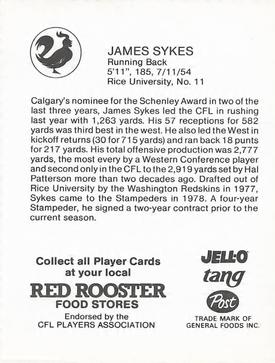 1981 Red Rooster Calgary Stampeders #NNO James Sykes Back