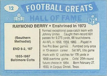 1988 Swell Greats #12 Raymond Berry Back