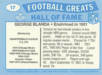 1988 Swell Greats #17 George Blanda Back