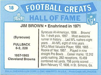1988 Swell Greats #18 Jim Brown Back