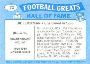1988 Swell Greats #72 Sid Luckman Back
