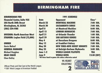 1991 Pro Set - WL Helmet Collectibles (WLAF Helmets) #2 Birmingham Fire Back