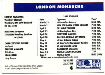 1991 Pro Set - WL Helmet Collectibles (WLAF Helmets) #4 London Monarchs Back