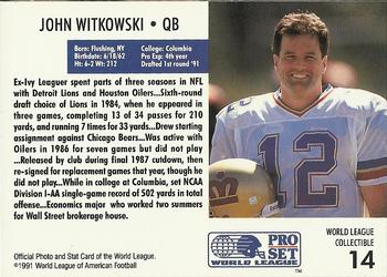 1991 Pro Set - World League Collectibles (WLAF Inserts) #14 John Witkowski Back