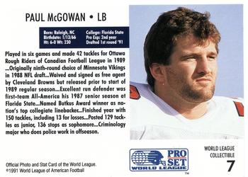 1991 Pro Set - World League Collectibles (WLAF Inserts) #7 Paul McGowan Back