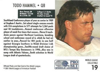 1991 Pro Set - World League Collectibles (WLAF Inserts) #19 Todd Hammel Back