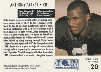 1991 Pro Set - World League Collectibles (WLAF Inserts) #20 Anthony Parker Back