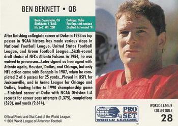 1991 Pro Set - World League Collectibles (WLAF Inserts) #28 Ben Bennett Back