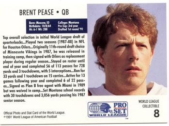 1991 Pro Set - World League Collectibles (WLAF Inserts) #8 Brent Pease Back