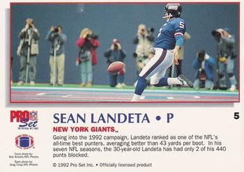 1992 Pro Set Power #5 Sean Landeta Back