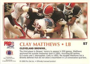 1992 Pro Set Power #57 Clay Matthews Back
