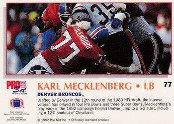 1992 Pro Set Power #77 Karl Mecklenburg Back
