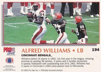 1992 Pro Set Power #194 Alfred Williams Back