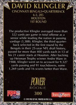 1992 Pro Set Power #300 David Klingler Back
