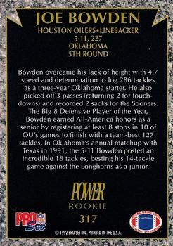 1992 Pro Set Power #317 Joe Bowden Back