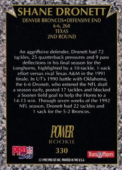 1992 Pro Set Power #330 Shane Dronett Back