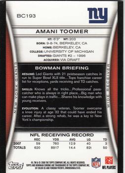 2008 Bowman Chrome #BC193 Amani Toomer Back