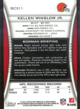 2008 Bowman Chrome #BC211 Kellen Winslow Jr. Back