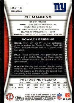 2008 Bowman Chrome #BC116 Eli Manning Back