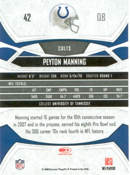 2008 Donruss Gridiron Gear #42 Peyton Manning Back