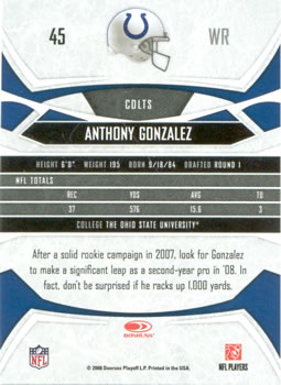 2008 Donruss Gridiron Gear #45 Anthony Gonzalez Back