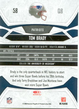 2008 Donruss Gridiron Gear #58 Tom Brady Back
