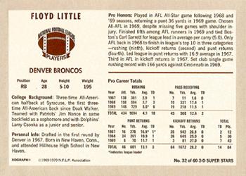 1970 Kellogg's #32 Floyd Little Back