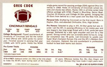 1970 Kellogg's #60 Greg Cook Back