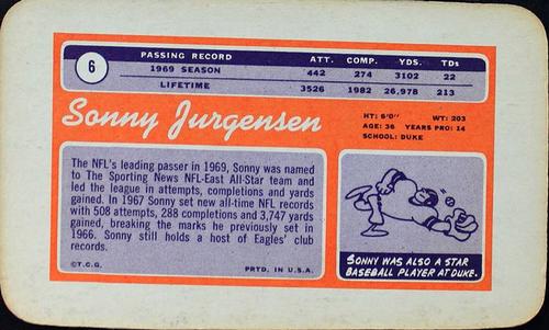 1970 Topps Super #6 Sonny Jurgensen  Back