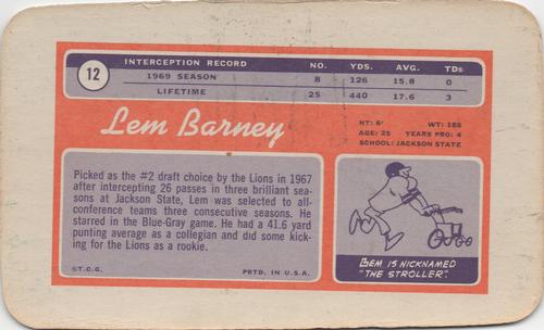 1970 Topps Super #12 Lem Barney  Back