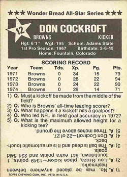 1975 Wonder Bread #12 Don Cockroft  Back
