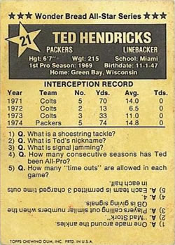 1975 Wonder Bread #21 Ted Hendricks  Back