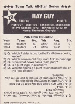 1975 Town Talk Bread #20 Ray Guy  Back