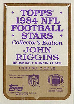 1984 Topps - 1984 NFL Football Stars Collector's Edition (Glossy Send-Ins) #2 John Riggins  Back
