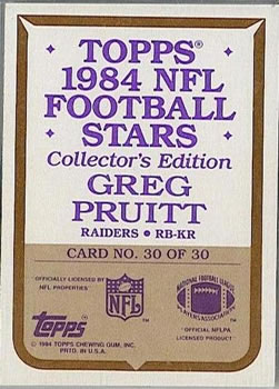 1984 Topps - 1984 NFL Football Stars Collector's Edition (Glossy Send-Ins) #30 Greg Pruitt  Back