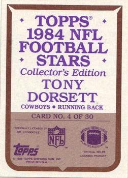 1984 Topps - 1984 NFL Football Stars Collector's Edition (Glossy Send-Ins) #4 Tony Dorsett  Back