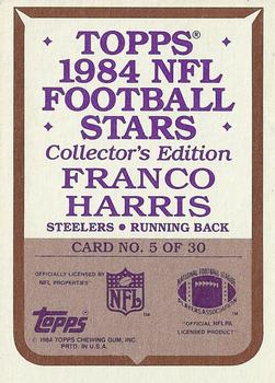 1984 Topps - 1984 NFL Football Stars Collector's Edition (Glossy Send-Ins) #5 Franco Harris  Back