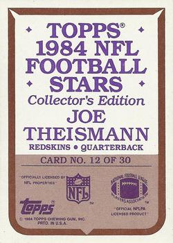 1984 Topps - 1984 NFL Football Stars Collector's Edition (Glossy Send-Ins) #12 Joe Theismann  Back
