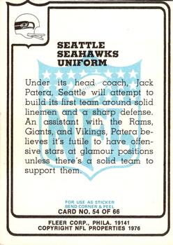 1976 Fleer Team Action #54 Seattle Seahawks Uniform Back