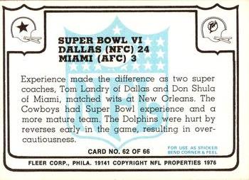 1976 Fleer Team Action #62 Super Bowl VI Back
