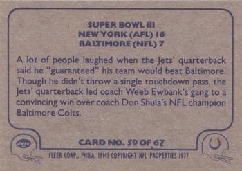 1977 Fleer Team Action #59 Super Bowl III Back