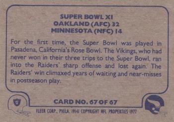1977 Fleer Team Action #67 Super Bowl XI Back