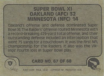 1978 Fleer Team Action #67 Super Bowl XI Back