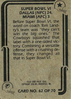 1980 Fleer Team Action #62 Super Bowl VI Back