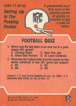 1984 Fleer Team Action #77 Setting Up in the Passing Pocket Back