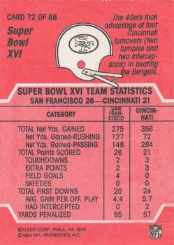 1984 Fleer Team Action #72 Super Bowl XVI Back