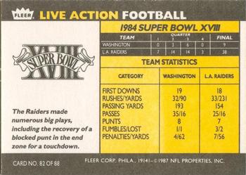 1987 Fleer Team Action #82 Super Bowl XVIII Back