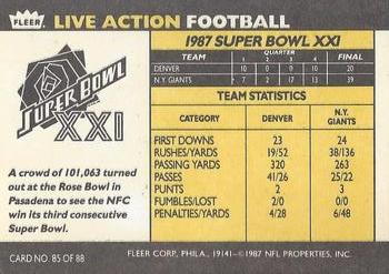 1987 Fleer Team Action #85 Super Bowl XXI Back