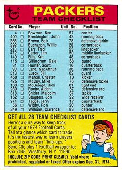 1974 Topps - Team Checklists #NNO Green Bay Packers Front