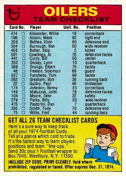1974 Topps - Team Checklists #NNO Houston Oilers Front